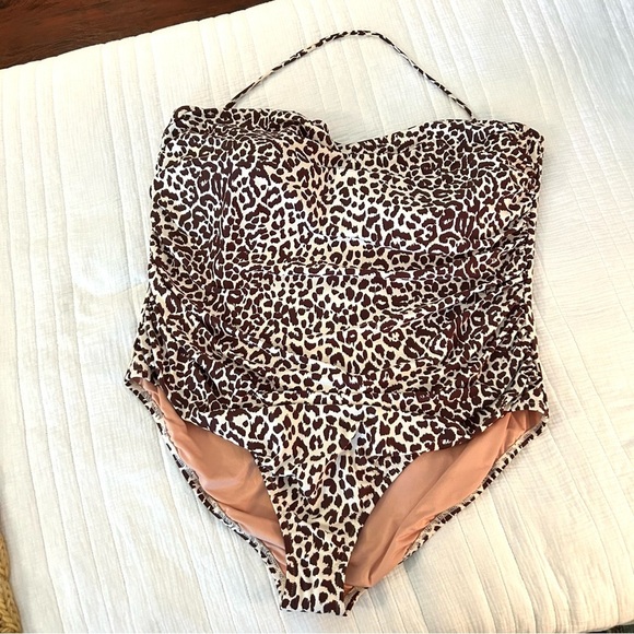 J. Crew Ruched Bandeau Leopard Print One Piece Swimsuit. Size 24. - Picture 2 of 14